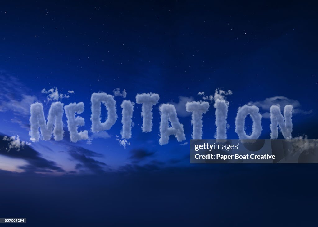 Computer generated typeface forming the word meditation, exhibited in a dark yet calm way, with a dark and quiet night sky as a background
