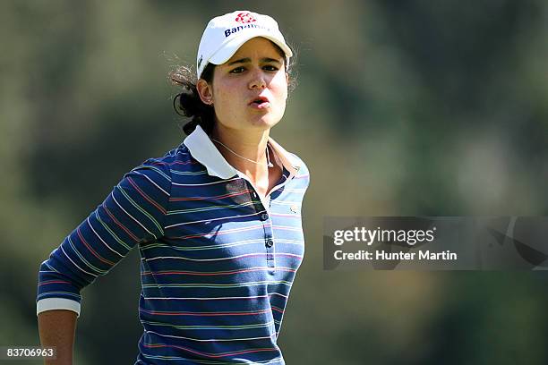 Lorena Ochoa reacts to her missed birdie putt on the 4th hole during the third round of the Lorena Ochoa Invitational at Guadalajara Country Club on...