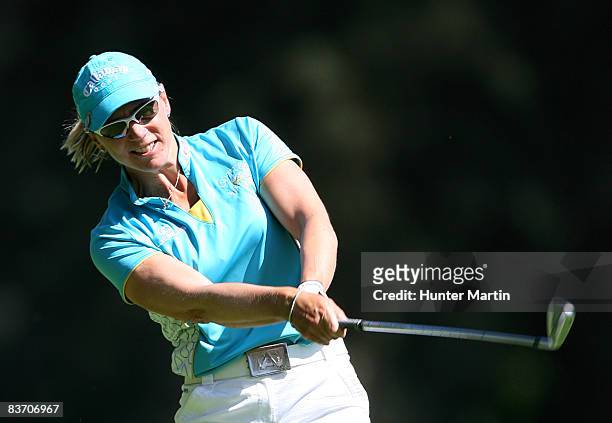 Annika Sorenstam of Sweden hits her second shot on the 5th hole during the third round of the Lorena Ochoa Invitational at Guadalajara Country Club...