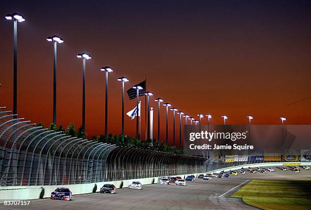 General view as the sun sets during the NASCAR Nationwide Series Ford 300 at Homestead-Miami Speedway on November 15, 2008 in Homestead, Florida.