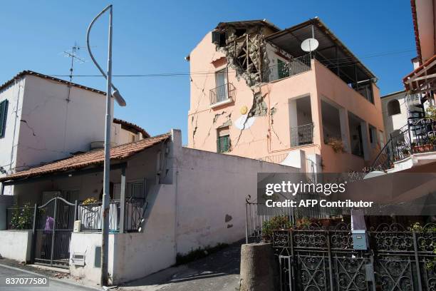 Picture shows damage caused on houses in Casamicciola Terme, on the Italian island of Ischia, on August 22 after an earthquake hit the popular...