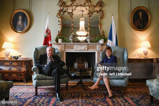 First Minister of Scotland Nicola Sturgeon and First Minister of Wales Carwyn Jones meet at Bute House on August 22, 2017 in Edinburgh,Scotland. The...