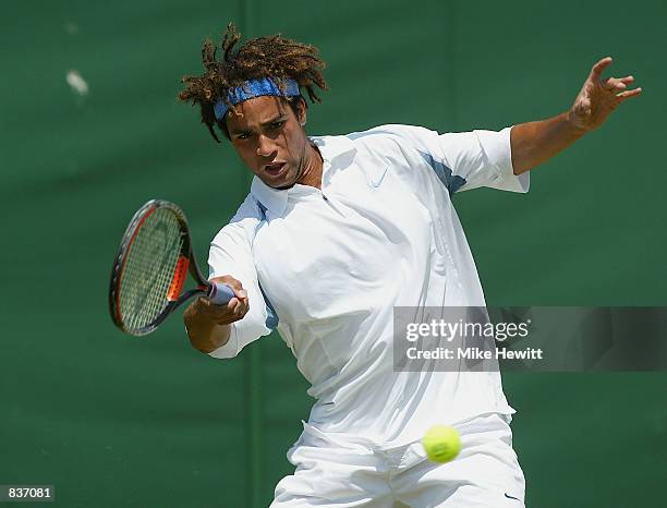 James Blake of the USA in action against Mariano Zabaleta of Argentina at the All England Tennis Championships at the All England Lawn Tennis Club,...