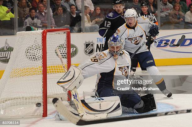 Dan Ellis of the Nashville Predators saves a shot on goal against the Los Angeles Kings during the game on November 15, 2008 at Staples Center in Los...