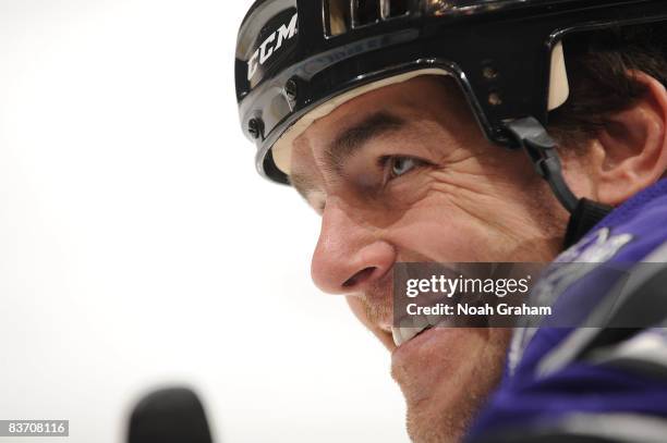 Sean O'Donnell of the Los Angeles Kings sits on the bench during warmups prior to the game against the Nashville Predators on November 15, 2008 at...