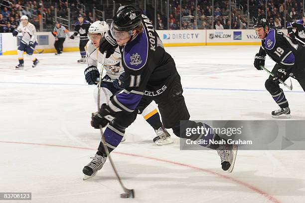 Anze Kopitar of the Los Angeles Kings passes the puck during the game against the Nashville Predators on November 15, 2008 at Staples Center in Los...