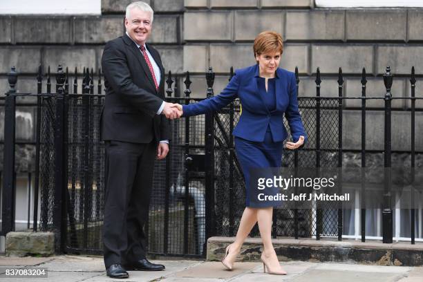 First Minister of Scotland Nicola Sturgeon and First Minister of Wales Carwyn Jones meet at Bute House on August 22, 2017 in Edinburgh,Scotland. The...