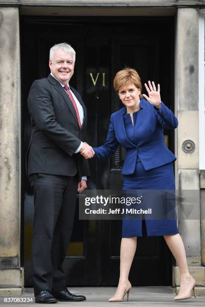 First Minister of Scotland Nicola Sturgeon and First Minister of Wales Carwyn Jones meet at Bute House on August 22, 2017 in Edinburgh,Scotland. The...