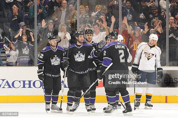 The Los Angeles Kings celebrate a second period goal from Michal Handzus of the Los Angeles Kings during the game against the Nashville Predators on...