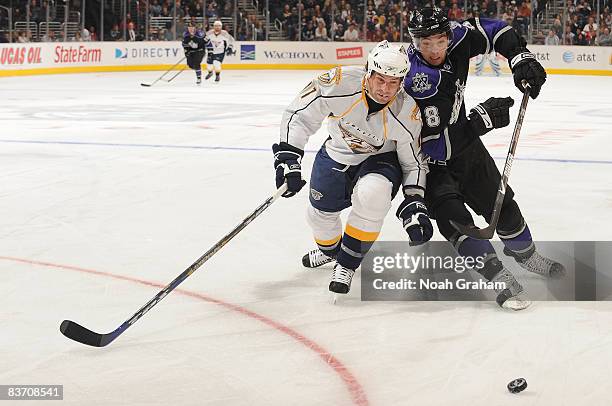 David Legwand of the Nashville Predators battles for the puck against Drew Doughty of the Los Angeles Kings during the game on November 15, 2008 at...
