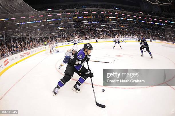 Dustin Brown of the Los Angeles Kings handles the puck against the Nashville Predators during the game on November 15, 2008 at Staples Center in Los...