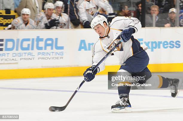 Jordin Tootoo of the Nashville Predators passes the puck against the Los Angeles Kings during the game on November 15, 2008 at Staples Center in Los...