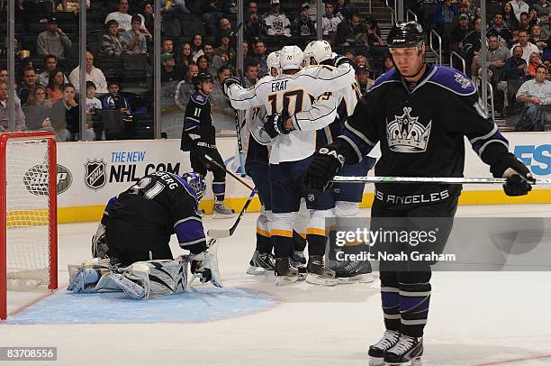 The Nashville Predators celebrate a second period goal from Jason Arnott against the Los Angeles Kings during the game on November 15, 2008 at...