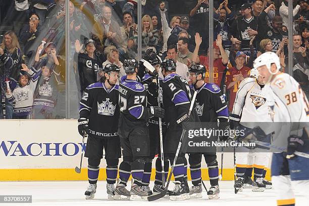 The Los Angeles Kings celebrate a second period goal from Michal Handzus of the Los Angeles Kings during the game against the Nashville Predators on...