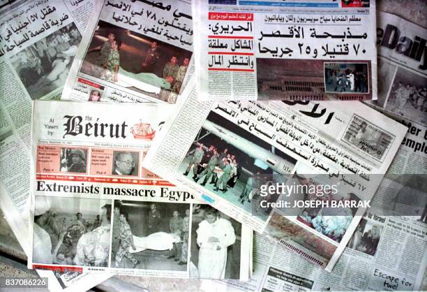 The front pages of English-language and Arabic Lebanese newspapers are consumed, 18 November, with news of the massacre in Luxor, Egypt, that left 58...