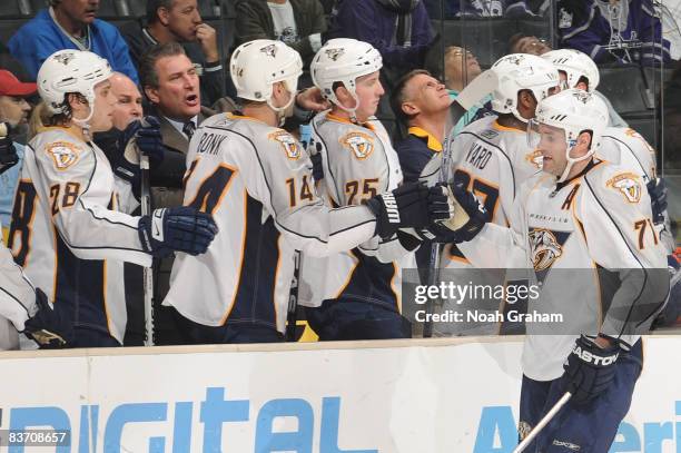 Dumont of the Nashville Predators celebrates a third period goal with his teammates against the Los Angeles Kings during the game on November 15,...