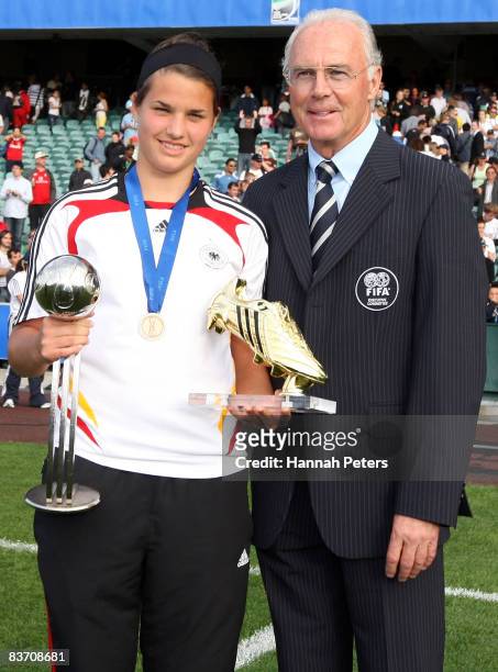 Player of the tournament Dzsenifer Marozsan poses with FIFA Ambassador Franz Beckenbauer after the FIFA U17 Women's World Cup Third and Fourth...