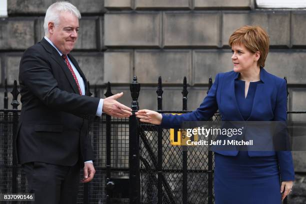 First Minister of Scotland Nicola Sturgeon and First Minister of Wales Carwyn Jones meet at Bute House on August 22, 2017 in Edinburgh,Scotland. The...