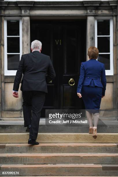 First Minister of Scotland Nicola Sturgeon and First Minister of Wales Carwyn Jones meet at Bute House on August 22, 2017 in Edinburgh,Scotland. The...