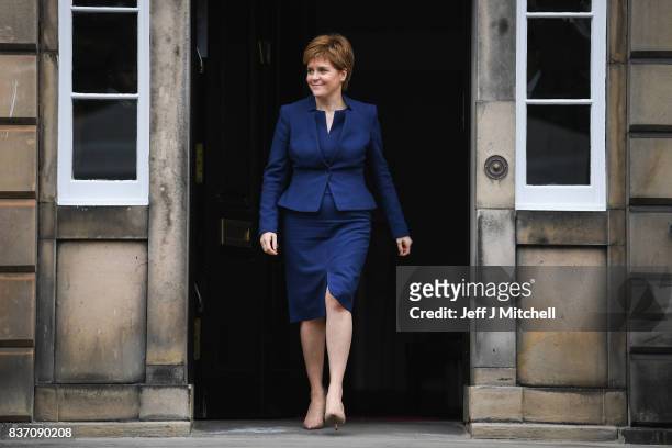 First Minister of Scotland Nicola Sturgeon makes her way to meet First Minister of Wales Carwyn Jones at Bute House on August 22, 2017 in...