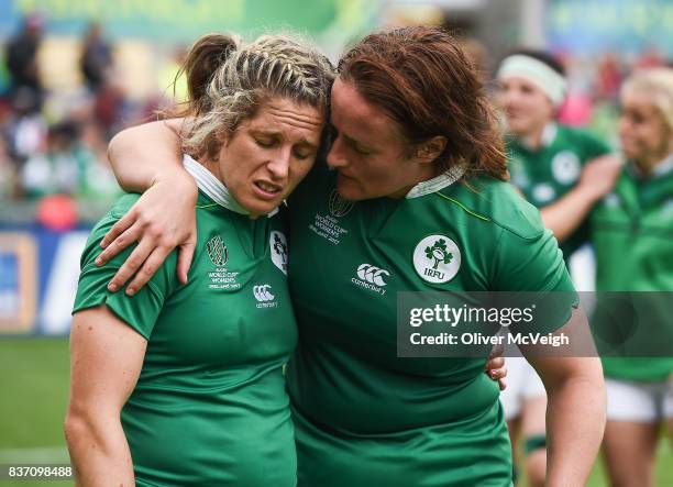 Belfast , Ireland - 22 August 2017; A disappointed Alison Miller, left, and Ailis Egan of Ireland after the 2017 Women's Rugby World Cup 5th Place...