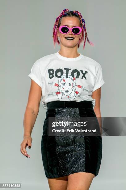 Model walks the runway at the Fam Irvoll show during the Fashion Week Oslo Spring/Summer 2018 on August 22, 2017 in Oslo, Norway.