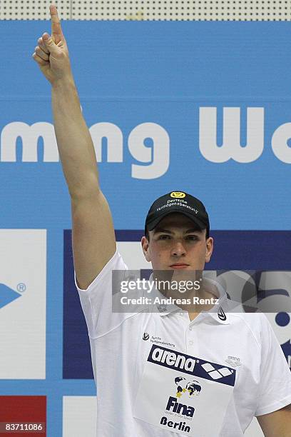 Paul Biedermann of Germany celebrates after the final of the men's 200m freestyle event at the FINA short course swimming World Cup final on November...