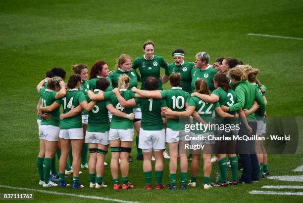 The Ireland team huddle after the Womens Rugby World Cup 5th place semi-final at the Kingspan Stadium on August 22, 2017 in Belfast, United Kingdom.