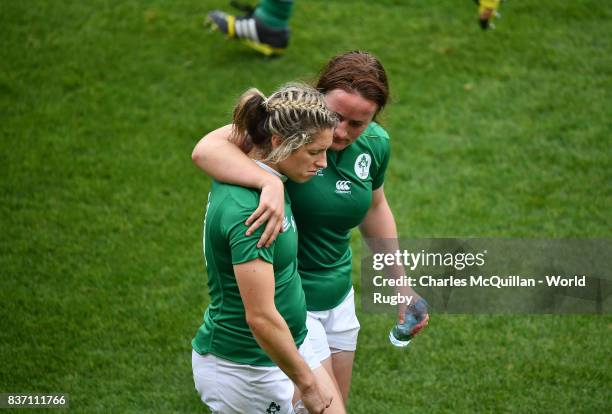 Alison Miller of Ireland is consoled after the Womens Rugby World Cup 5th place semi-final at the Kingspan Stadium on August 22, 2017 in Belfast,...