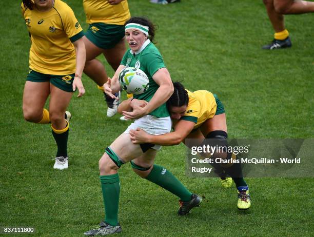 Paula Fitzpatrick of Ireland and Mollie Gray of Australia during the Womens Rugby World Cup 5th place semi-final at the Kingspan Stadium on August...