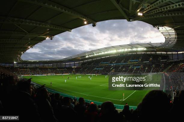 General view as the teams prepare to kick off during the Barclays Premier League match between Hull City and Manchester City at The KC Stadium on...