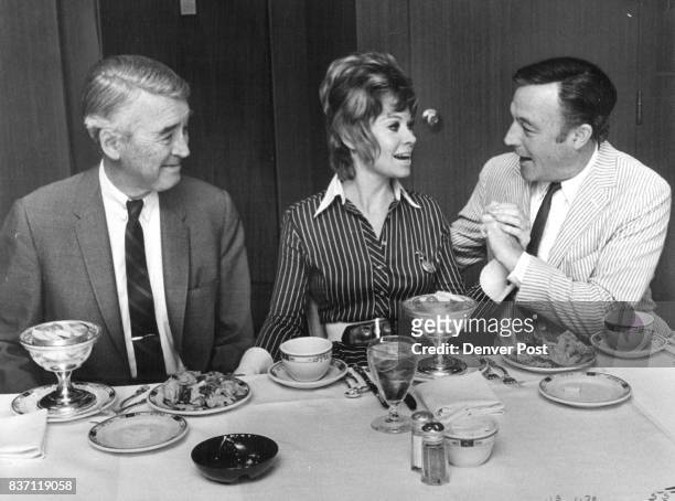 Cheyenne Social Club" Gathering At The Brown Palace In Denver. On Hand Were Jimmy Stewart, Left, Sue Ane Langdon And Gene Kelly. Credit: Denver Post