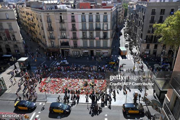 Aerial view taken of flowers and candles displayed to pay tribute to the victims of the Barcelona and Cambrils attacks on the Rambla boulevard in...