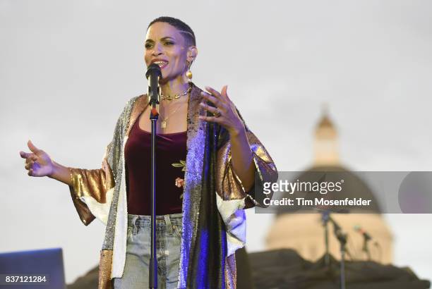 Goapele performs during the Imagine Justice concert at Capitol Mall on August 21, 2017 in Sacramento, California.