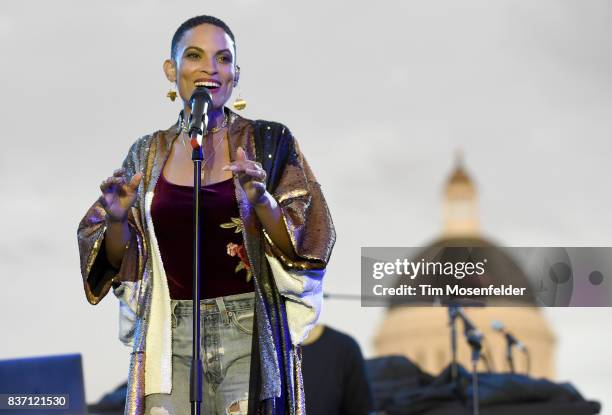 Goapele performs during the Imagine Justice concert at Capitol Mall on August 21, 2017 in Sacramento, California.