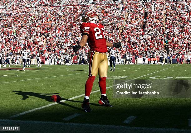 Nate Clements of the San Francisco 49ers celebrates after an interception in the second quarter against the St. Louis Rams during an NFL game on...