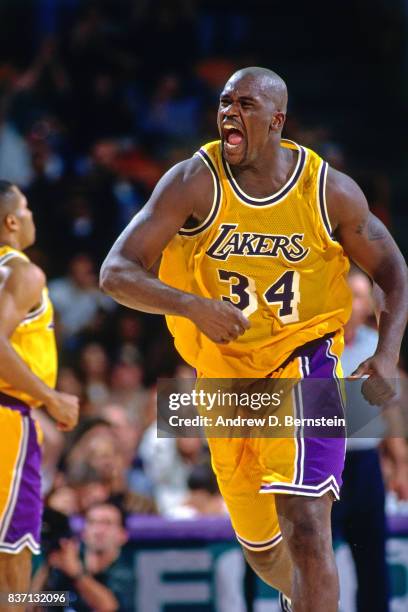 Shaquille O'Neal of the Los Angeles Lakers reacts against the Minnesota Timberwolves on November 13, 1996 at the Great Western Forum in Inglewood,...