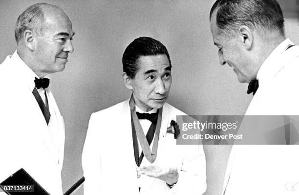 Kenzo Tange, Center, Receives American Institute of Architects Medal Morris Ketchum Jr., right, the outgoing AIA president, presents award. Ketchum...