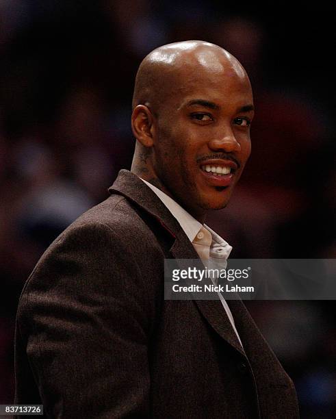 Stephon Marbury of the New York Knicks on the sideline against the Dallas Mavericks on November 16, 2008 at Madison Square Garden in New York City....