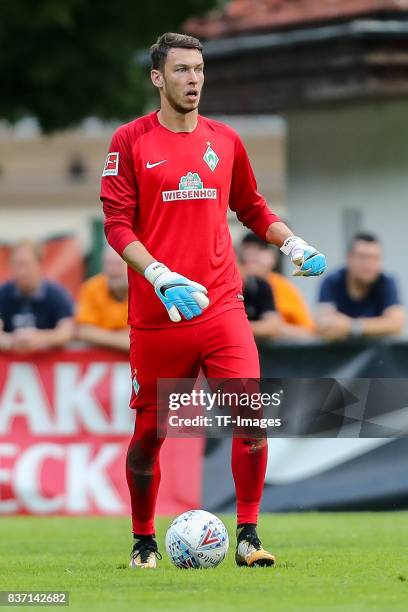 Goalkeeper Jiri Pavlenka of Bremen controls the ball during the pre-season friendly between Werder Bremen and Wolverhampton Wanderers at Parkstadion...