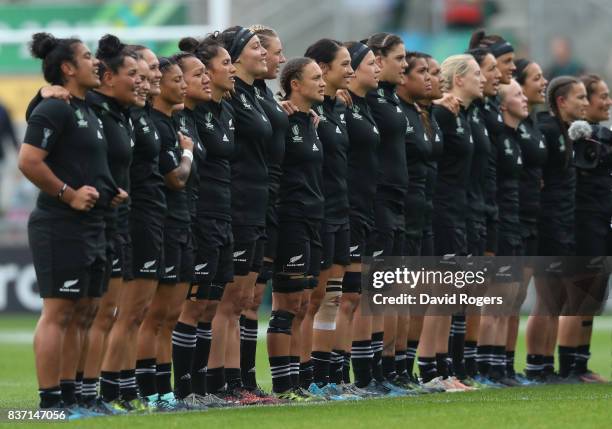 The New Zealand team line up for the anthems prior to kickoff during the Women's Rugby World Cup 2017 Semi Final match between New Zealand and the...
