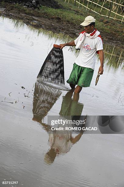 Filipino farmer Generoso Hesuna catches mudfish using a bamboo trap in a pool of water at a farm planted with rice and sugar in Santa Catalina town...