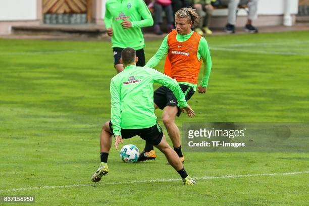 Jesper Verlaat of Werder Bremen and Maximilian Eggestein of Werder Bremen battle for the ball during the Training Camp of SV Werder Bremen on July...