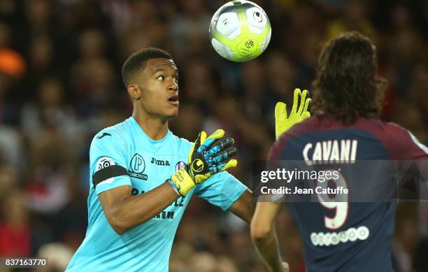 Goalkeeper of Toulouse Alban Lafont catches the ball in front of Edinson Cavani of PSG during the French Ligue 1 match between Paris Saint Germain...