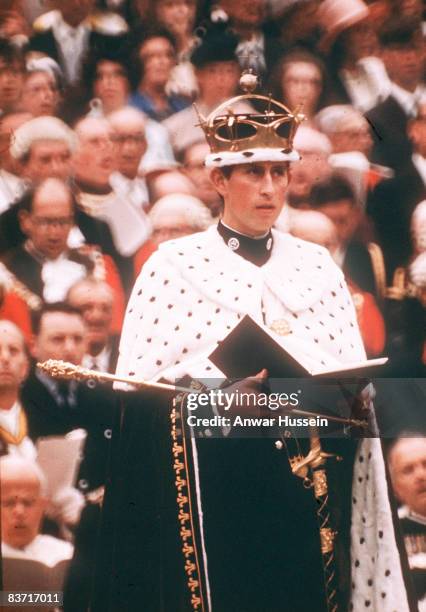 Prince Charles the Prince of Wales in his investiture robes at Caernarvon Castle on July 1, 1969.