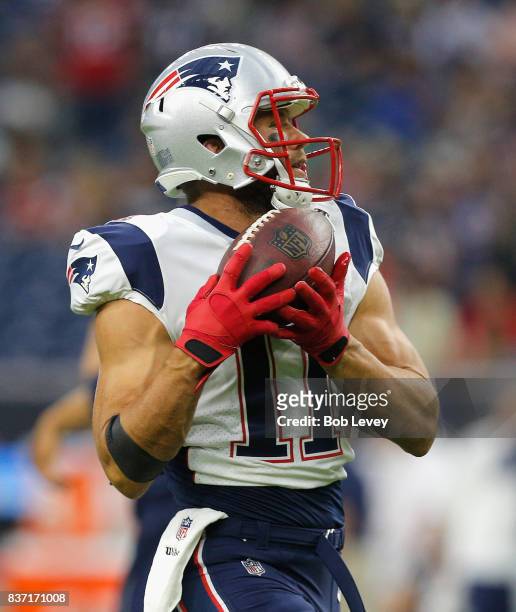 Julian Edelman of the New England Patriots warms up before playing the Houston Texans in a preseason game at NRG Stadium on August 19, 2017 in...