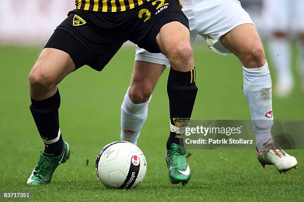 Legs with a ball are seen during the Bundesliga match between Rot-Weiss Oberhausen and Alemannia Aachen at the Niederrhein-stadium on November 16,...