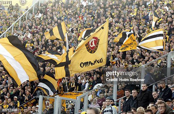 The supporters of Dynamo during the 3. Liga match between Dynamo Dresden and Fortuna Duesseldorf at the Rudolf Harbig Stadion on November 15, 2008 in...