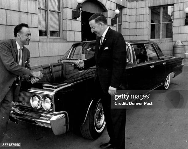 The Mayor Will Ride in Style Mayor Tom Currigan's new official car, a 1964 Chrysler Crown imperial, was delivered Tuesday. Shown with Currigan,...