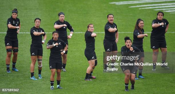 The New Zealanad team perform the Haka prior to kickoff during the Women's Rugby World Cup 2017 Semi Final match between New Zealand and the United...